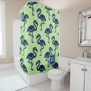 Tropical Flamingo - Greek Key Navy & Lime Shower Curtain