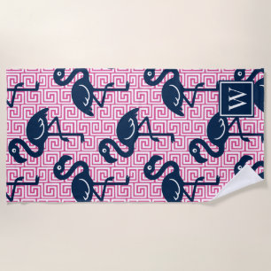 Tropical Flamingo Greek Key - Pink & Navy Monogram Beach Towel
