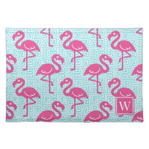Tropical Flamingo Greek Key - Pink & Turq Monogram Cloth Placemat