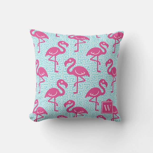 Tropical Flamingo Greek Key - Pink & Turq Monogram Throw Pillow (Front)