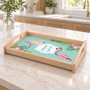 Tropical Flamingo Hibiscus Aqua Monogram Serving Tray