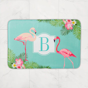 Tropical Flamingo Hibiscus Monogram Initial Bath Mat