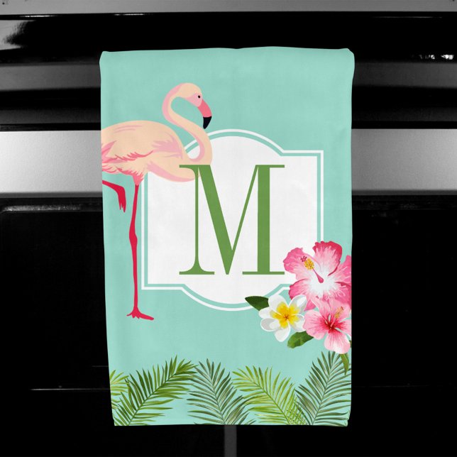Tropical Flamingo Hibiscus Monogram Initial Hand Towel (Creator Uploaded)