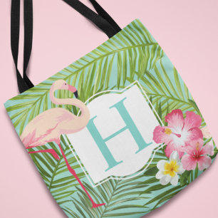 Tropical Flamingo Hibiscus Monogram Initial Tote Bag