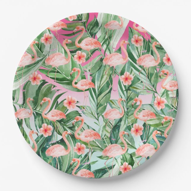 Tropical Flamingo Hibiscus Pink Mint Floral Paper Plates (Front)