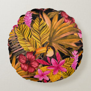 Tropical Flamingo: Hibiscus Summer Pattern Round Pillow