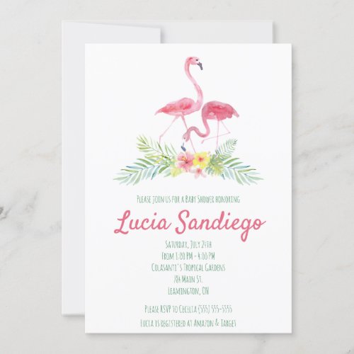 Tropical flamingo hibiscus themed baby shower invitation