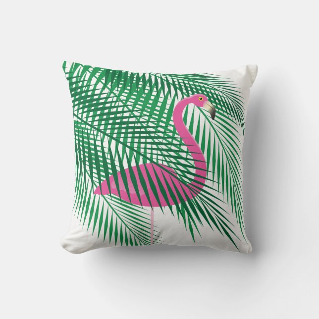 Tropical Flamingo hidden in Palm Leaves on White Throw Pillow (Front)