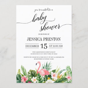 Tropical Flamingo Leaves Script Baby Shower Invitation