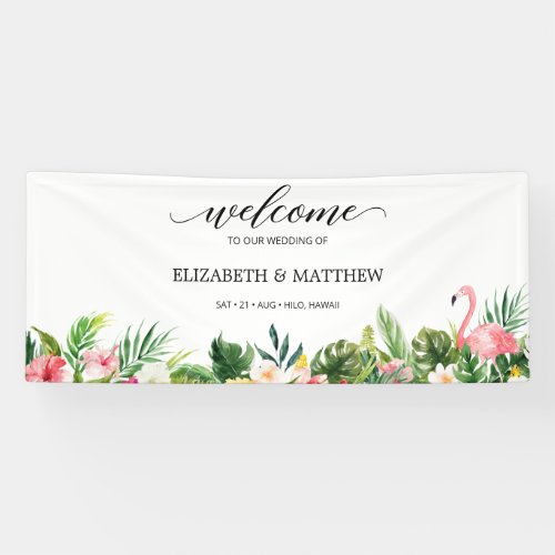 Tropical Flamingo Leaves Script Wedding Welcome Banner