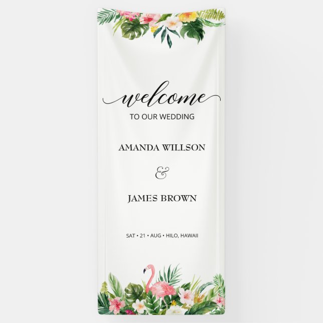 Tropical Flamingo & Leaves Script Wedding Welcome Banner (Vertical)