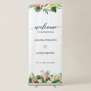 Tropical Flamingo & Leaves Script Wedding Welcome Retractable Banner