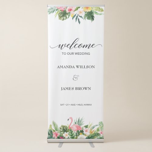 Tropical Flamingo  Leaves Script Wedding Welcome Retractable Banner