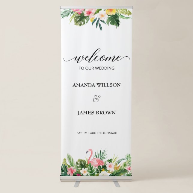 Tropical Flamingo & Leaves Script Wedding Welcome Retractable Banner (Front)