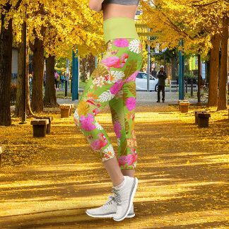 Tropical Flamingo Lime Green Capri Leggings