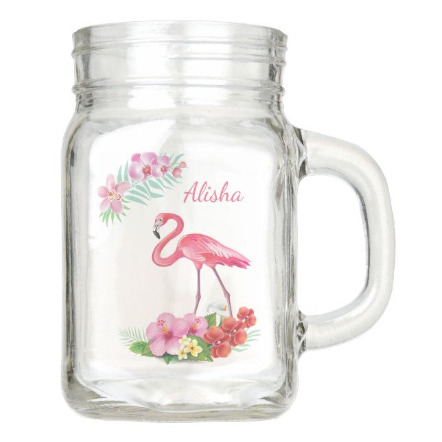 Tropical Flamingo Luau Bridal Mason Jar (Front)