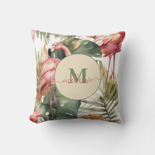 Tropical Flamingo Monstera Custom Name Throw Pillow