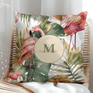 Tropical Flamingo Monstera Custom Name Throw Pillow