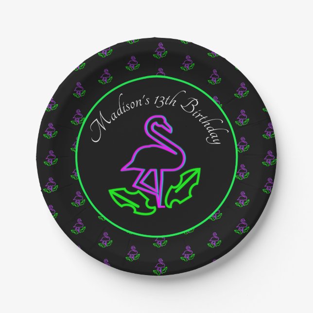 Tropical Flamingo Neon Party Glow Party Pink Paper Plates (Front)