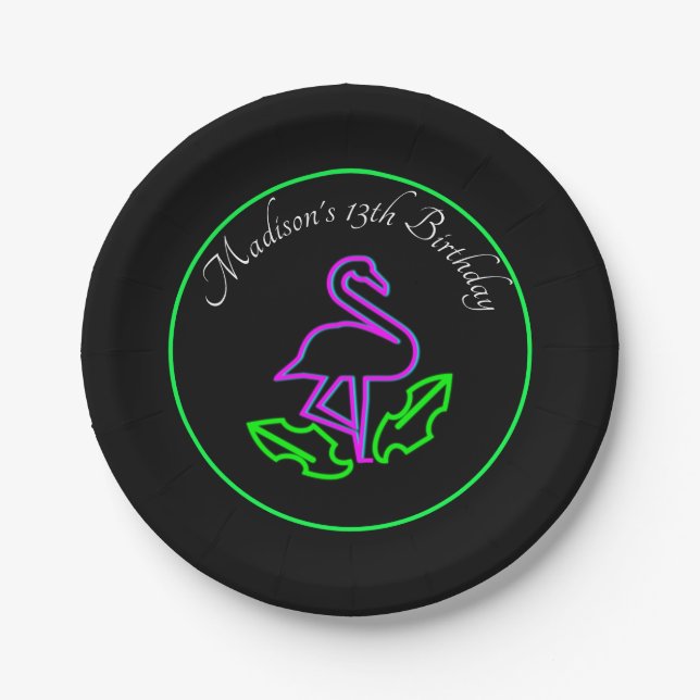 Tropical Flamingo Neon Party Glow Party Teen Paper Plates (Front)