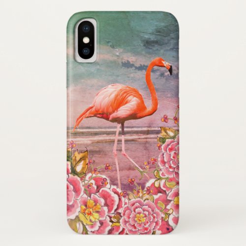 Tropical Flamingo on Beach  Oriental Pink Flowers iPhone X Case