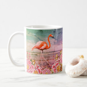Tropical Flamingo on Beach & Oriental Pink Flowers Coffee Mug