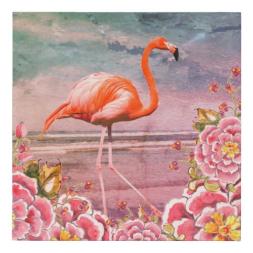 Tropical Flamingo on Beach  Oriental Pink Flowers Faux Canvas Print