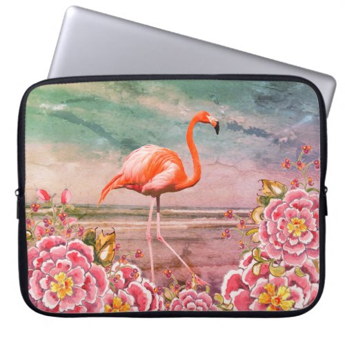 Tropical Flamingo on Beach  Oriental Pink Flowers Laptop Sleeve