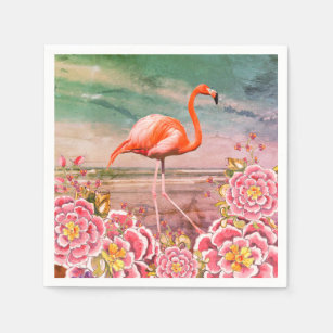 Tropical Flamingo on Beach & Oriental Pink Flowers Napkins