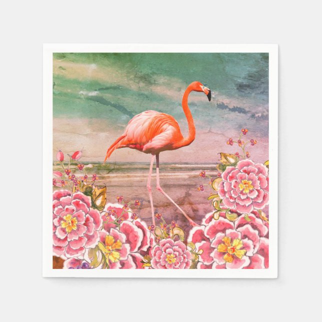 Tropical Flamingo on Beach & Oriental Pink Flowers Napkins (Front)