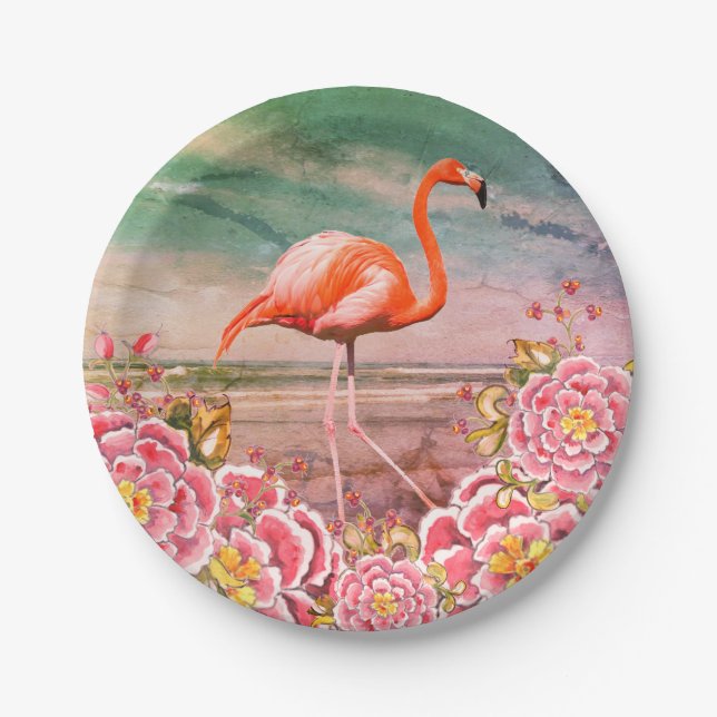 Tropical Flamingo on Beach & Oriental Pink Flowers Paper Plates (Front)