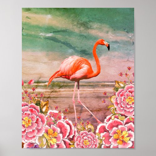 Tropical Flamingo on Beach  Oriental Pink Flowers Poster