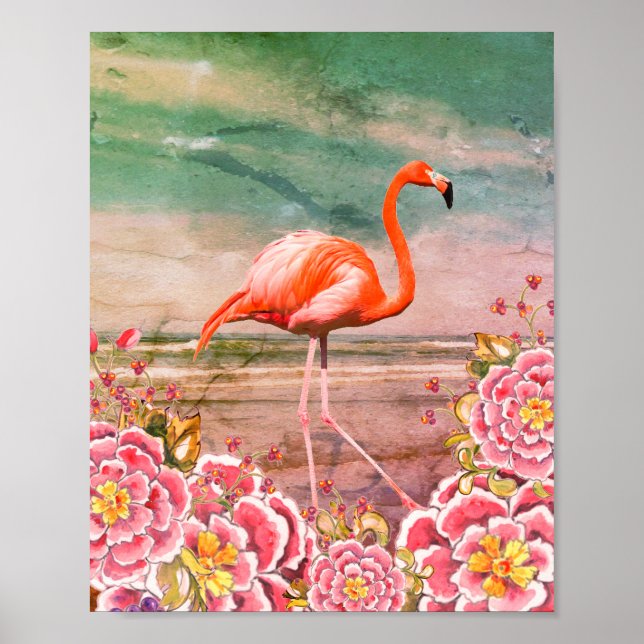 Tropical Flamingo on Beach & Oriental Pink Flowers Poster (Front)