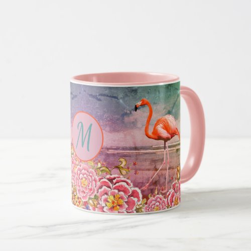 Tropical Flamingo on Beach Pink Flowers Monogram Mug