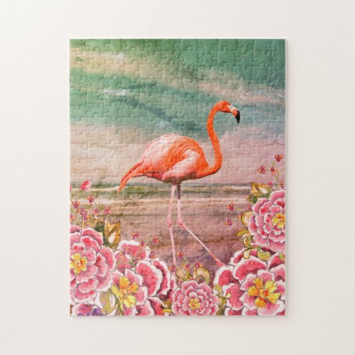Tropical Flamingo on Beach w Pink Flowers Collage Jigsaw Puzzle