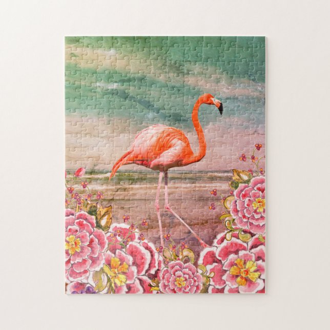 Tropical Flamingo on Beach w/ Pink Flowers Collage Jigsaw Puzzle (Vertical)