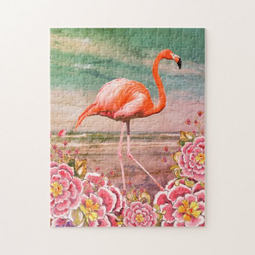 Tropical Flamingo on Beach w Pink Flowers Collage Jigsaw Puzzle