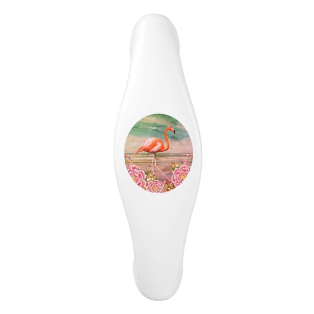 Tropical Flamingo on Beach w/ Pink Flowers Fantasy Ceramic Cabinet Pull (Front)