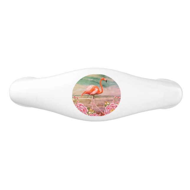 Tropical Flamingo on Beach w/ Pink Flowers Teal Ceramic Drawer Pull (Front)
