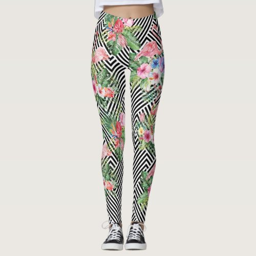 Tropical flamingo on geometric pattern leggings