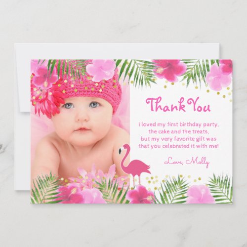 Tropical Flamingo Palm Branches Luau Birthday Girl Thank You Card