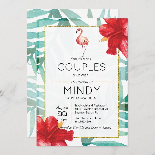 Tropical Flamingo Palm Couples Shower Invitation (Front/Back)