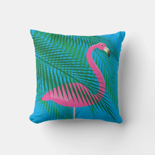 Tropical Flamingo & Palm Leaves on Blue Sky Throw Pillow