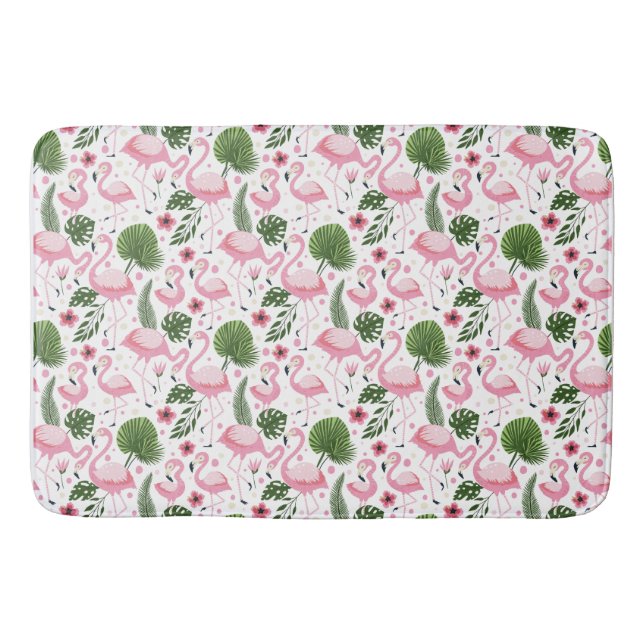 Tropical Flamingo & Palm Leaves Pattern Bath Mat (Front)