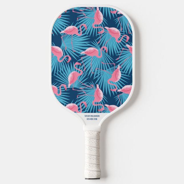 Tropical Flamingo Palm Print Custom Name Phone # Pickleball Paddle (Front)