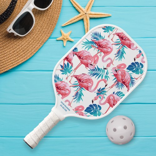 Tropical Flamingo Palm Print Custom Name Phone  Pickleball Paddle