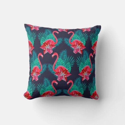 Tropical Flamingo Palm Tree Pattern Throw Pillow
