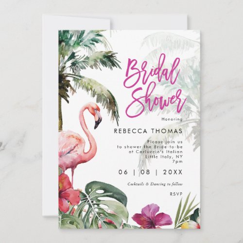 tropical flamingo palms bridal shower invitation