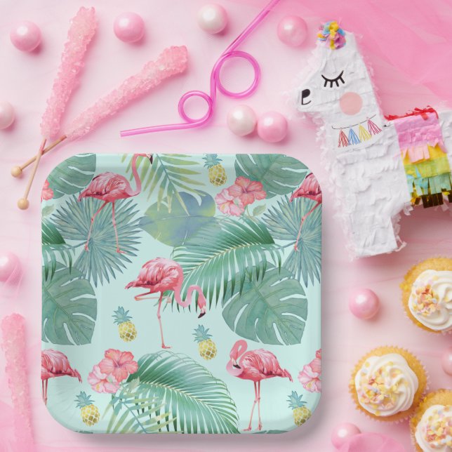 Tropical Flamingo, Palms, Pineapple Pattern ID926  Paper Plates (Party)