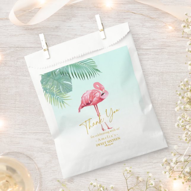 Tropical Flamingo Palms Sweet 16 Thank You ID922 Favor Bag (Clipped)